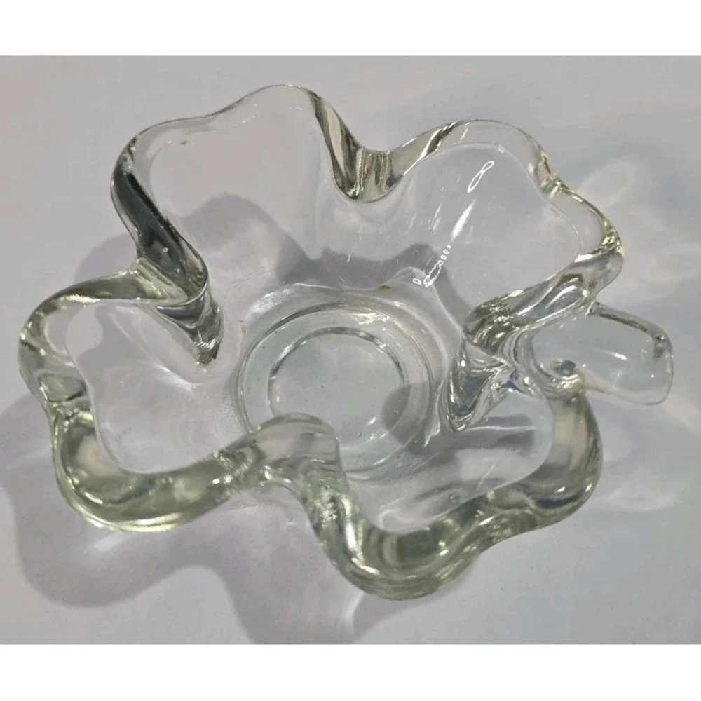 Shamrock Candy Dish Thick Clear Glass Four Leaf Clover Bowl